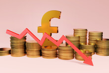 Stacks Of Gold Coins, A Pound Sign And A Downward Red Arrow On Pink Background. Illustration Of The Concept Of Falling Exchange Rate Of British Sterling