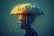 Human head under umbrella abstract illustration. Umbrella is a symbol of protection, safety, safe space. Psychology,, psychotherapy.