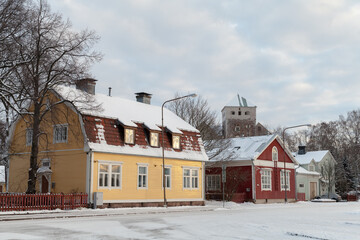 Wall Mural - Street view of Turku on a winter day. Old residential houses