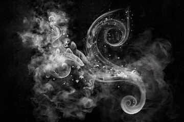 Wall Mural - Gray smoke with music notes and shiny glitter particles abstract background, ai