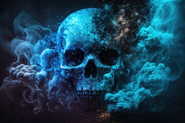 Wall Mural - Blue smoke with skull in smoke and shiny glitter particles abstract background, ai