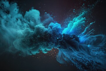 Wall Mural - Blue smoke with shiny glitter particles abstract background, ai