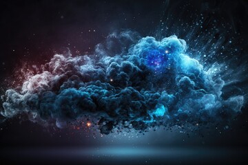 Wall Mural - Blue smoke with shiny glitter particles abstract background, ai