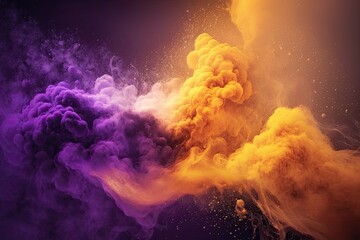 Wall Mural - Purple and orange smoke with shiny glitter particles abstract background, ai