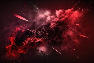 Wall Mural - Red smoke with shiny glitter particles abstract background, ai