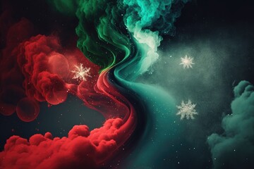 Wall Mural - Red and Green smoke with snowflakes and shiny glitter particles abstract background, Christmas image, ai