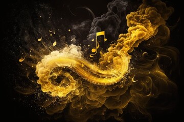 Wall Mural - Yellow smoke with music notes and shiny glitter particles abstract background, ai