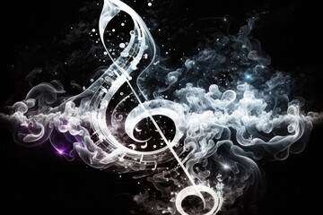 Wall Mural - Black and white smoke with music notes and shiny glitter particles abstract background, ai