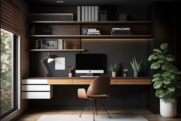 a minimalist and modern home office with sleek, minimalist desk as the focal point. Comfortable seating, storage, and functional elements included. Neutral color scheme, clean lines. Generative AI