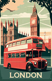 Fototapeta Londyn - vintage-style tourism poster promoting London as a must-visit destination. 1950s-inspired illustrations and graphics to evoke the charm of the 1950s. Incorporate iconic london big ben