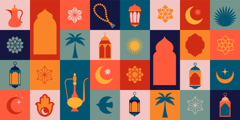 geometric style colorful islamic ramadan kareem banner, poster design, pattern and geometrical backg