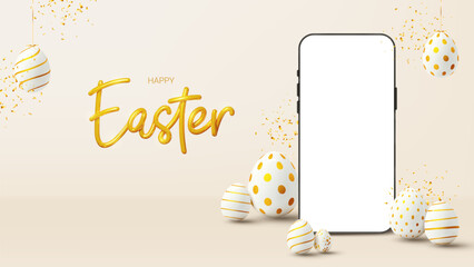 Wall Mural - Happy Easter banner template. Vector holiday illustration with phone with blank display, decorative eggs and golden confetti. Happy Easter banner for presentation of products or goods.