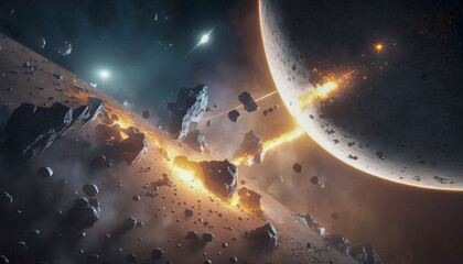 epic shot of planets and asteroids in nebulae. Generative AI