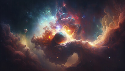 epic shot of planets and asteroids in nebulae. generative ai