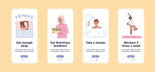 Effective morning routine onboarding mobile app screen flat template. Walkthrough website 4 steps with characters. Editable habits UX, UI, GUI smartphone cartoon interfaces. Comfortaa Bold font used