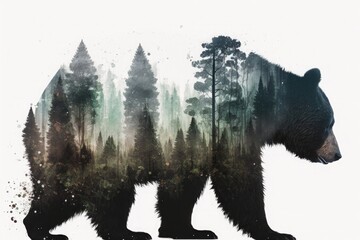Double exposure of a black bear and forest. Generative AI illustration.