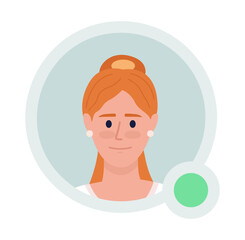 Poster - Pretty ginger haired girl flat vector avatar icon with green dot. Editable default persona for UX, UI design. Profile character picture with online status indicator. Colorful messaging app user badge