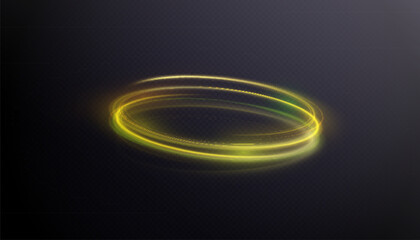 Poster - Abstract neon rings. A bright trail of luminous rays swirling in a fast spiral motion. Light golden swirl. Curve golden line light effect.