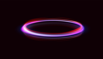 Poster - Abstract neon rings. A bright trail of luminous rays swirling in a fast spiral motion. Light golden swirl. Curve golden line light effect.