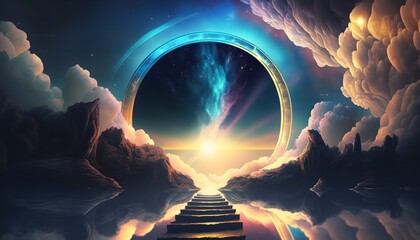 a spiritual trip is depicted by the overcast sky and starry galaxy glow light in the picture of the 
