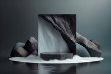 3D Natural Granite Stone Podium With Water Puddle Surround, Lush Overhanging Tree Branch And Zen Fountain. Product Presentation Stand. Luxury Mockup 3d Render Advertisement Copy Space Mockup.