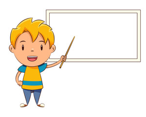 Poster - Kid pointing whiteboard, child blank board presentation