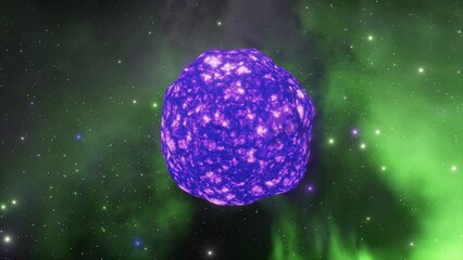 Wall Mural - purple neon fire destroys the planet leaving a large hot ball of lava. space. green glow. abstract c