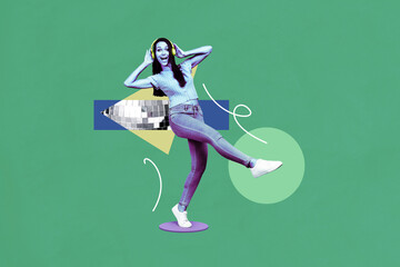 Sticker - Collage picture of positive cool black white effect girl listen music headphones dancing isolated on painted green background