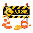 © IQ art_Design - Traffic cones and under construction warning sign. Road safety and prevention of accidents during road construction.
