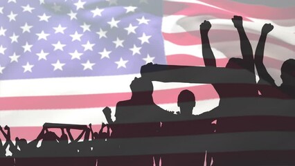 Poster - Animation of sports supporters silhouettes over flag of united states of america