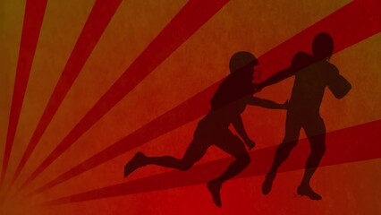 Poster - Animation of american football players silhouettes over shapes on orange background