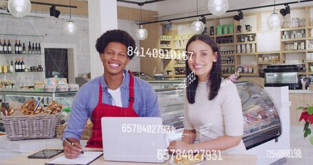 Poster - Animation of numbers and data processing over diverse people with laptop in shop