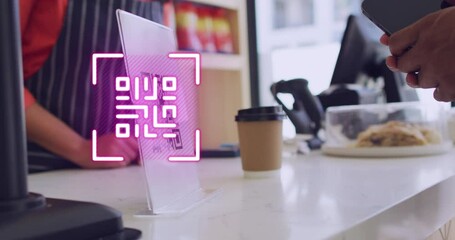 Poster - Animation of qr code scanning over man paying with smartphone in shop