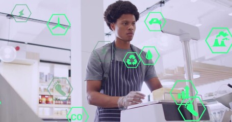Poster - Animation of icons and data processing over biracial man serving food in shop