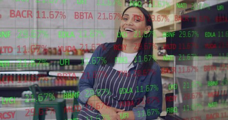 Poster - Animation of numbers and data processing over biracial woman smiling in shop