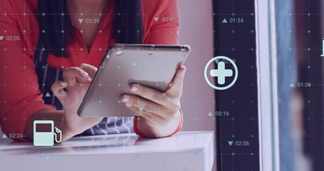 Poster - Animation of numbers and data processing over biracial woman using tablet in shop