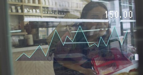 Poster - Animation of financial data processing over woman shopping