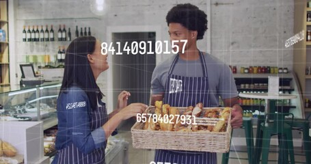 Poster - Animation of numbers and data processing over diverse people in shop