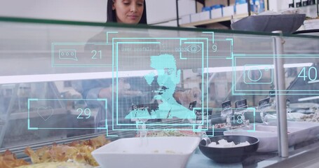 Poster - Animation of biometric photo and financial data processing over woman serving in shop