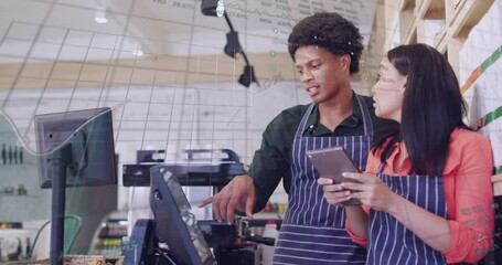 Poster - Animation of icons and data processing over diverse people with tablet in shop