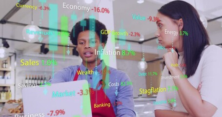 Poster - Animation of financial data processing over diverse people in cafe