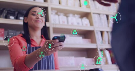 Poster - Animation of icons and data processing over biracial woman with payment terminal in cafe