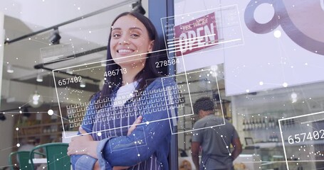 Poster - Animation of financial data processing over biracial woman in cafe