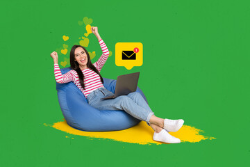 Poster - Composite collage photo of young excited girlfriend raise fists up use laptop notification message matches boyfriend isolated on green background