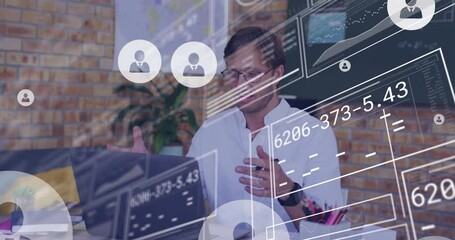 Poster - Animation of computing data processing with icons over man using laptop