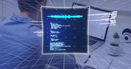 Poster - Animation of computing data processing over man using laptop