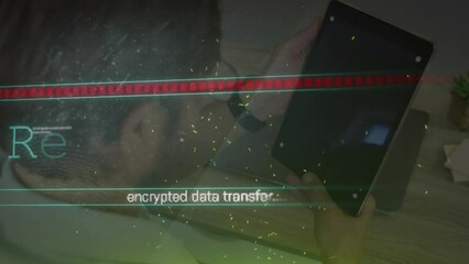 Sticker - Animation of computing data processing over man using tablet