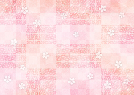 格子と麻の葉模様の和紙の背景_桜の花あり