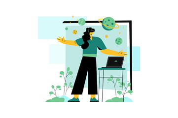 Aufkleber - Metaverse green concept with people scene in the flat cartoon design. Girl got into the metaverse using a laptop and VR glasses.