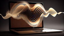 Image Of An Open Laptop With Sound Waves Coming Out Of It, Symbolizing A Podcast Being Broadcast Over The Internet Generative AI